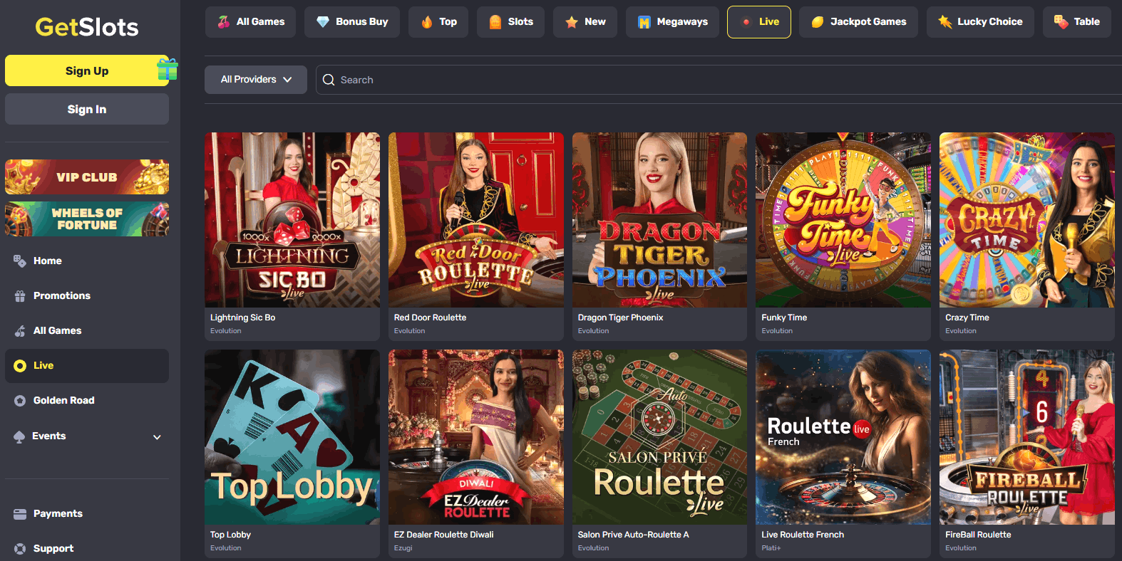 Live Casino Bereich bei GetSlots mit echten Dealern
